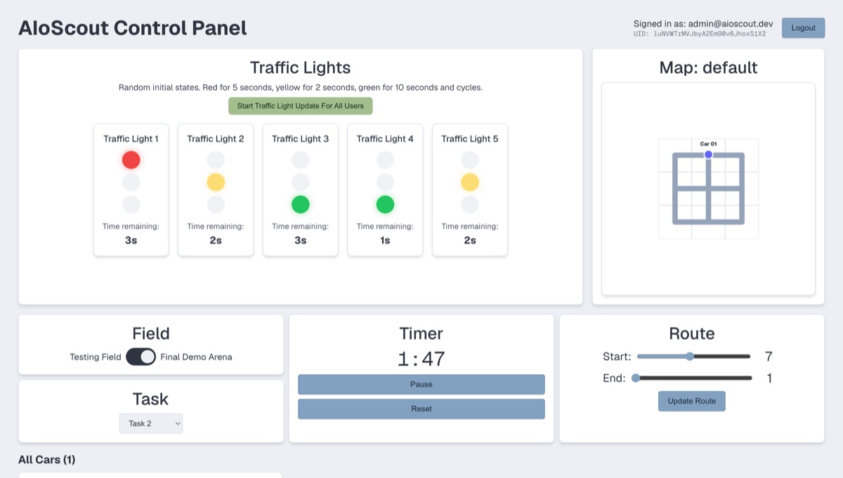 Teacher Dashboard interface showing multiple car statuses and traffic control settings.